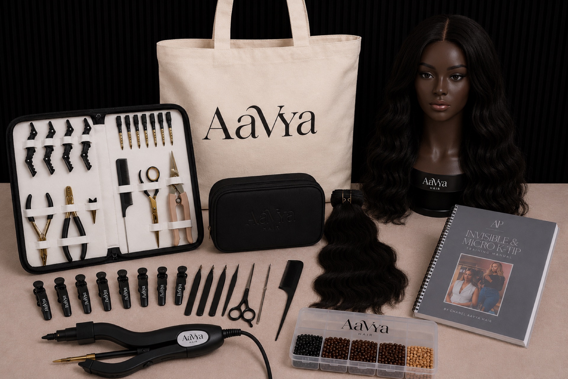 Day One Aavya K-Tip Kit — burgundy tote, mannequin, tools, bonds, keratin, guides, curl pattern ring