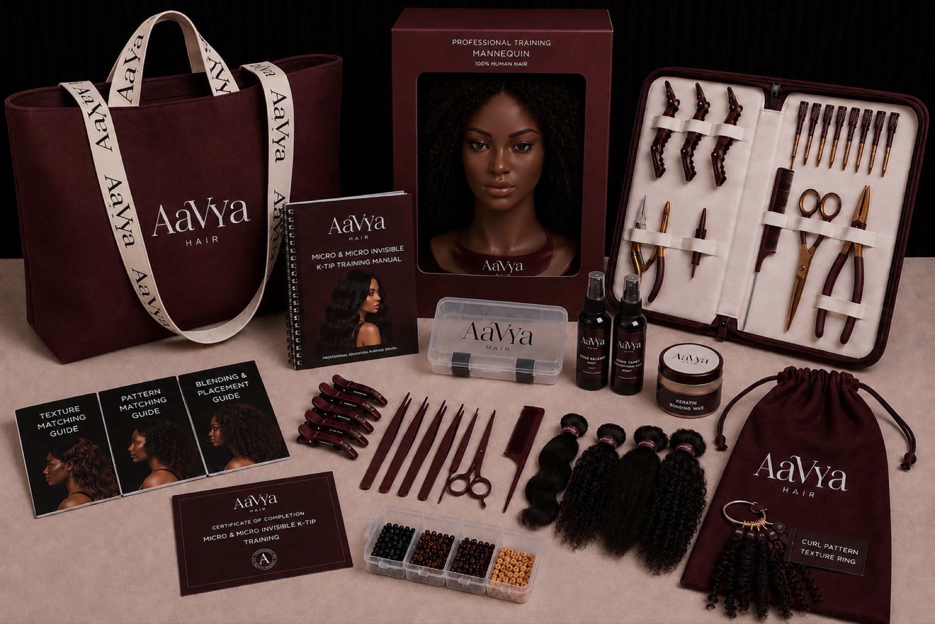Day Two Aavya Professional Micro K-Tip Kit — bond-making tool, micro tools, keratin, texture guide, mannequin